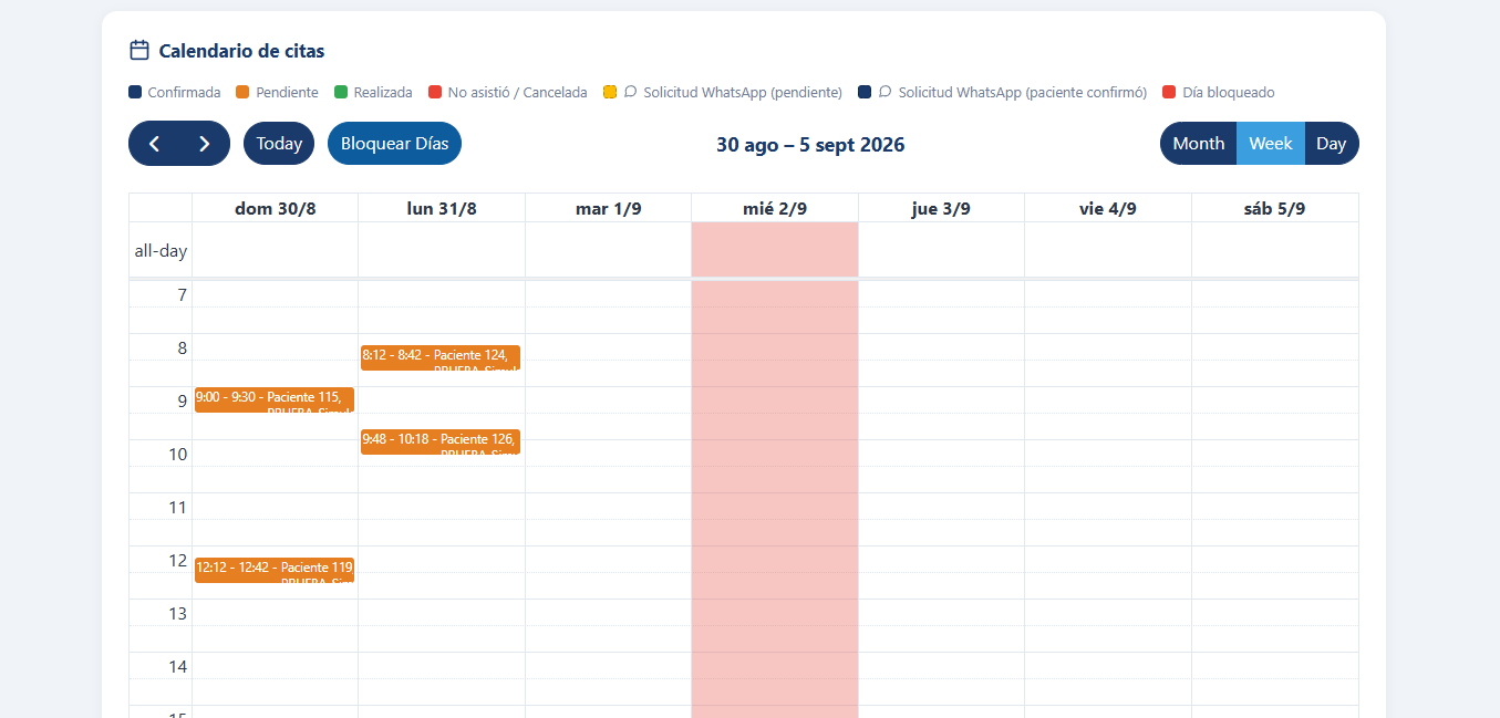 Calendario de citas de MedAxis con estados por color y solicitudes de WhatsApp